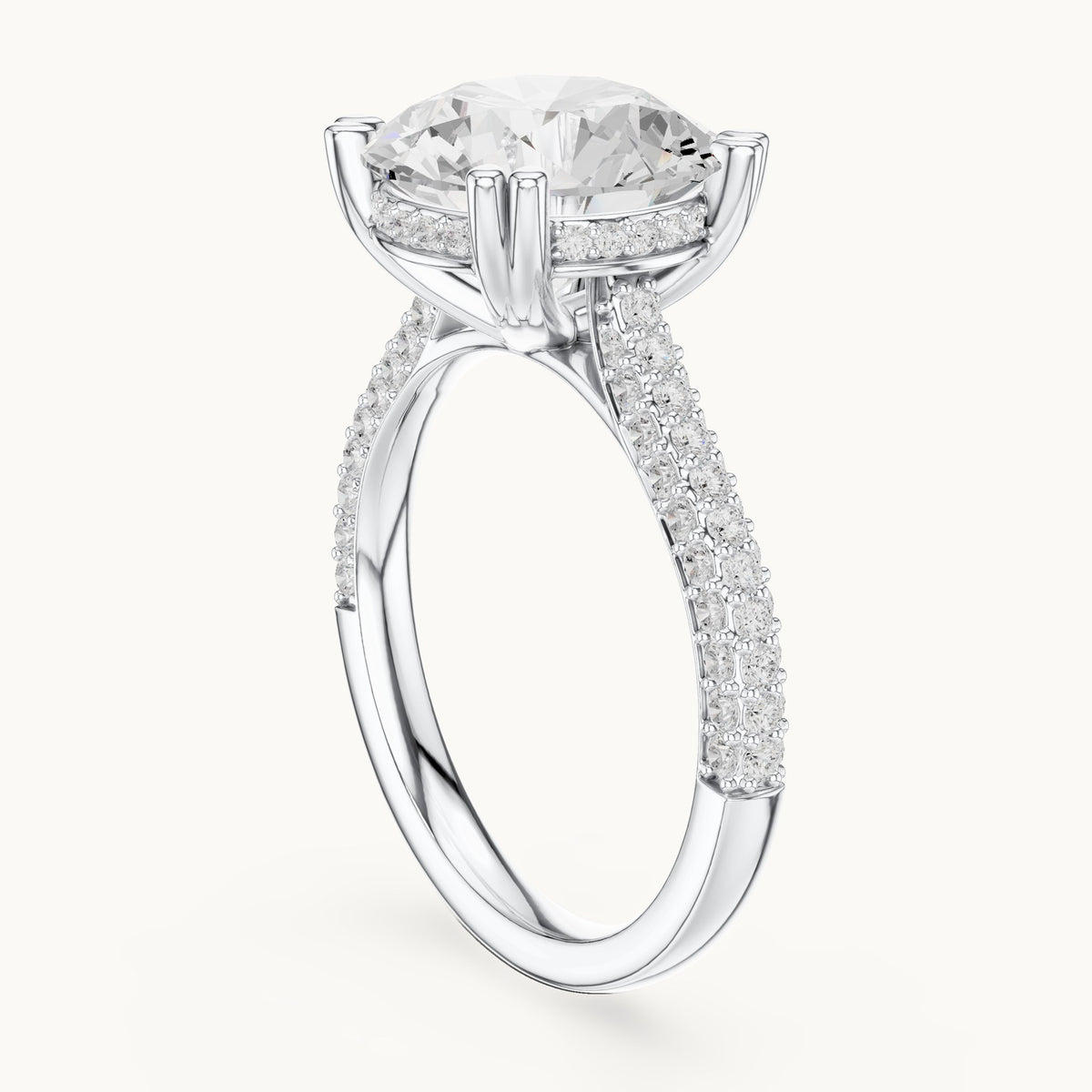 Round lab-grown diamond hidden halo double-row pavé engagement ring in white gold, 4.584 CT TW, view 1