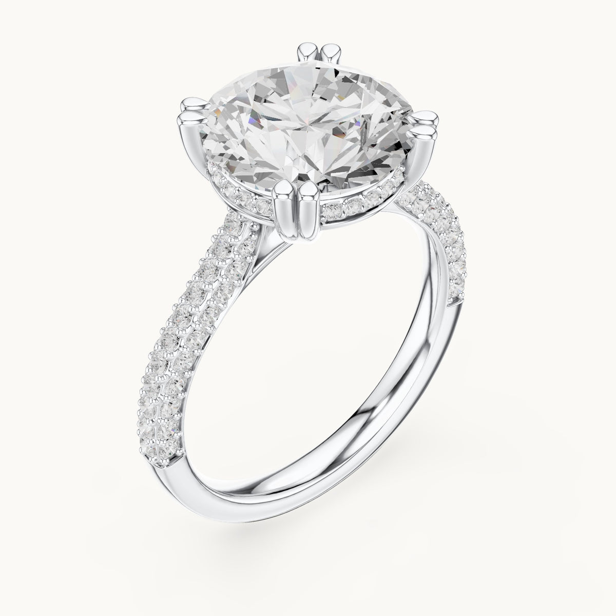 Round lab-grown diamond hidden halo double-row pavé engagement ring in white gold, 4.584 CT TW, view 2