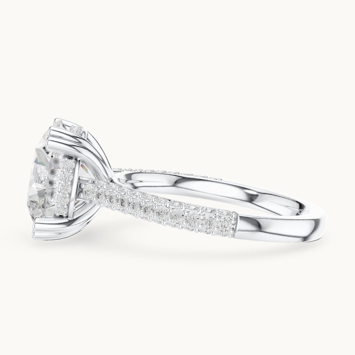 Round lab-grown diamond hidden halo double-row pavé engagement ring in white gold, 4.584 CT TW, view 3