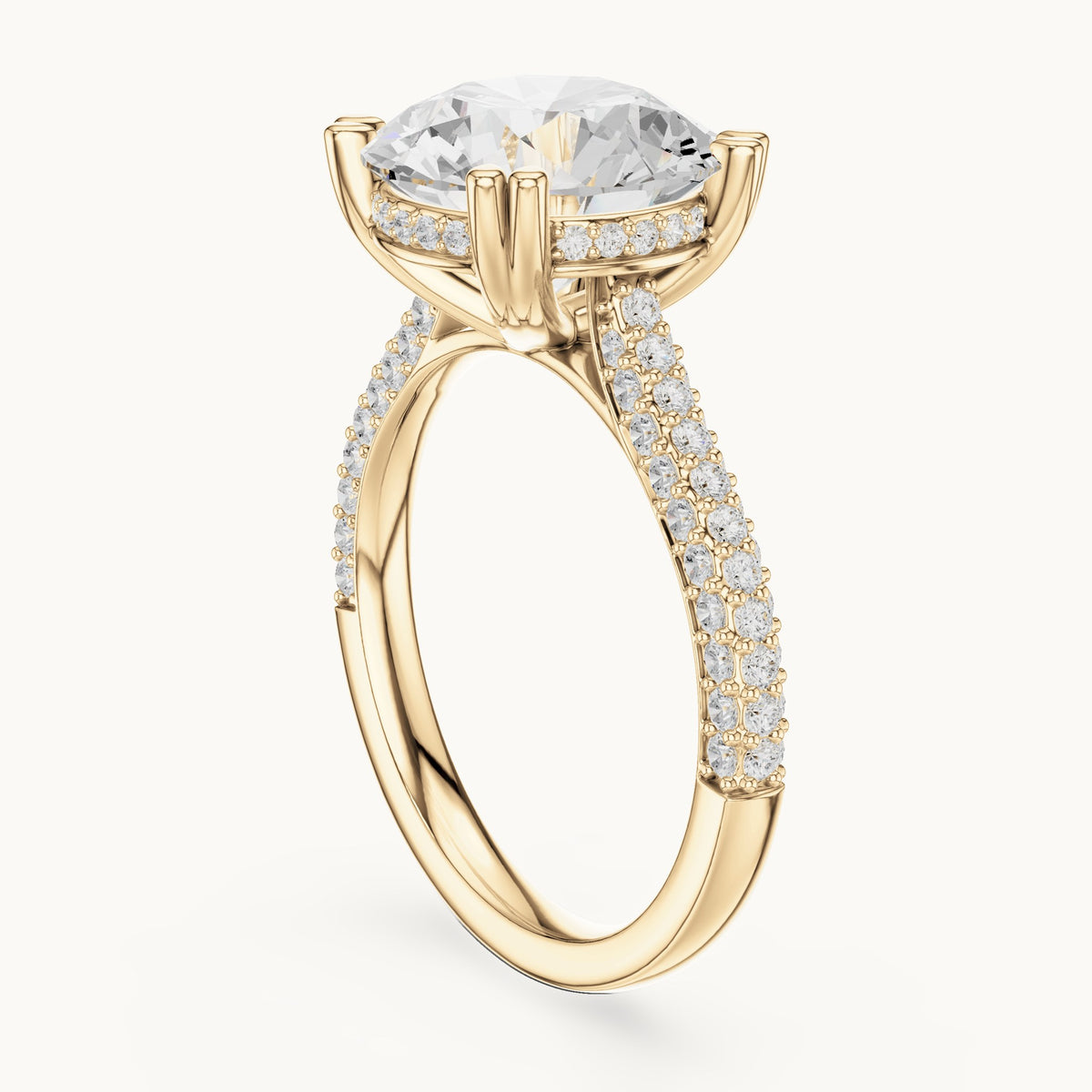 Round lab-grown diamond hidden halo double-row pavé engagement ring in yellow gold, 4.584 CT TW, view 1