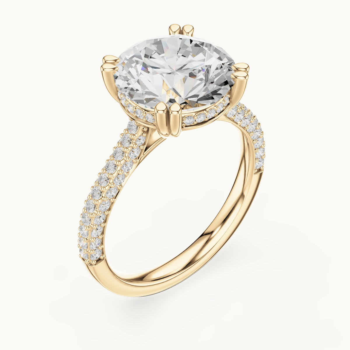 Round lab-grown diamond hidden halo double-row pavé engagement ring in yellow gold, 4.584 CT TW, view 2