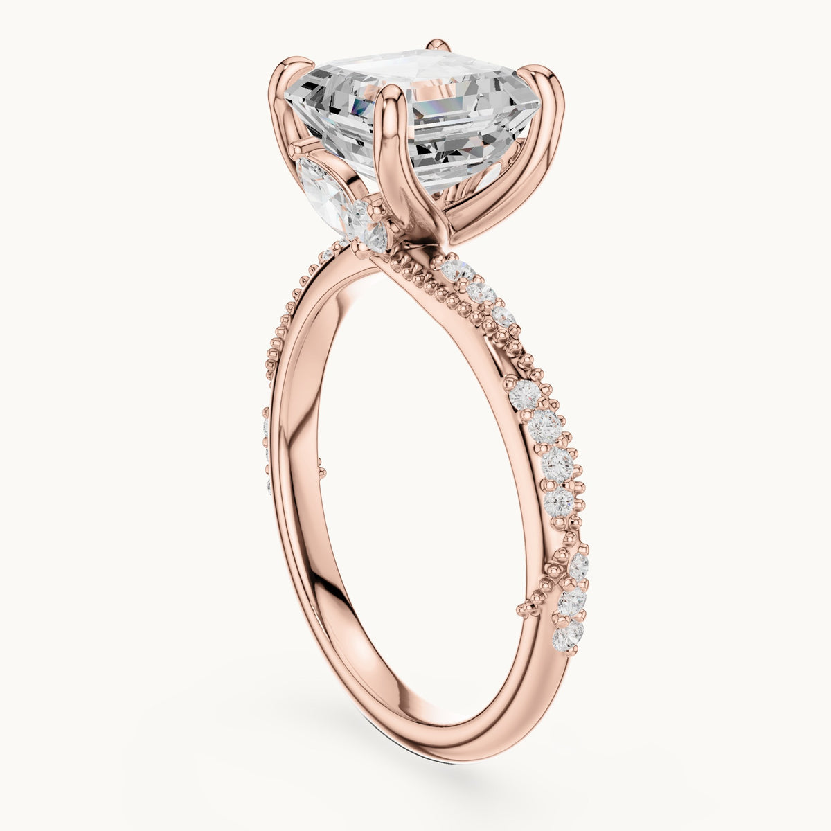 Square emerald-cut, round and marquise lab-grown diamond twisted pavé engagement ring with marquise accents in rose gold, 2.99 CT TW, view 1