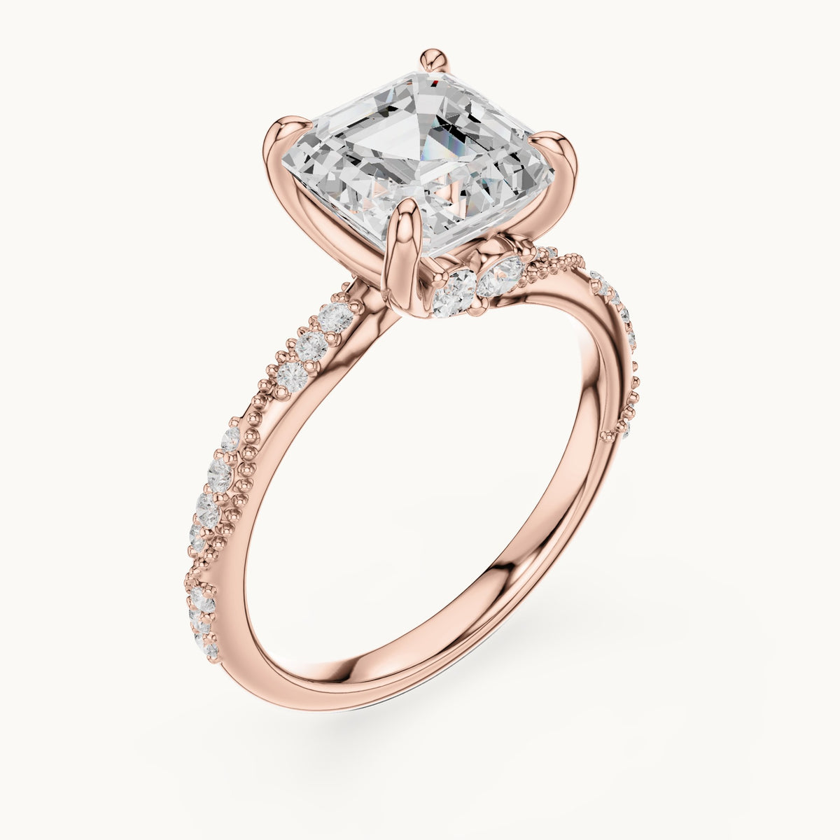 Square emerald-cut, round and marquise lab-grown diamond twisted pavé engagement ring with marquise accents in rose gold, 2.99 CT TW, view 2