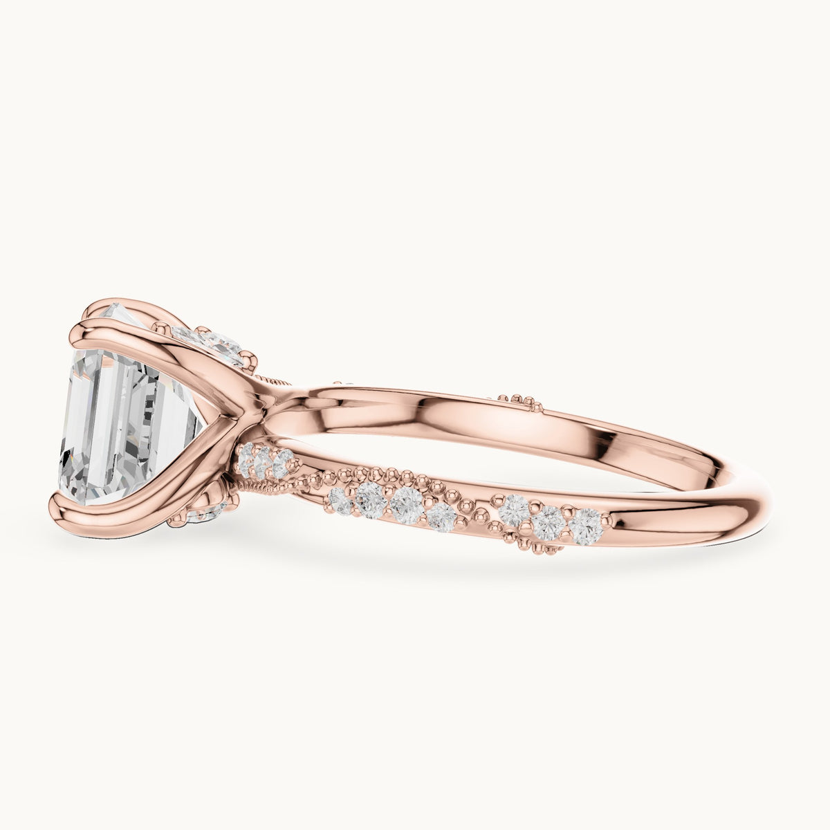 Square emerald-cut, round and marquise lab-grown diamond twisted pavé engagement ring with marquise accents in rose gold, 2.99 CT TW, view 3