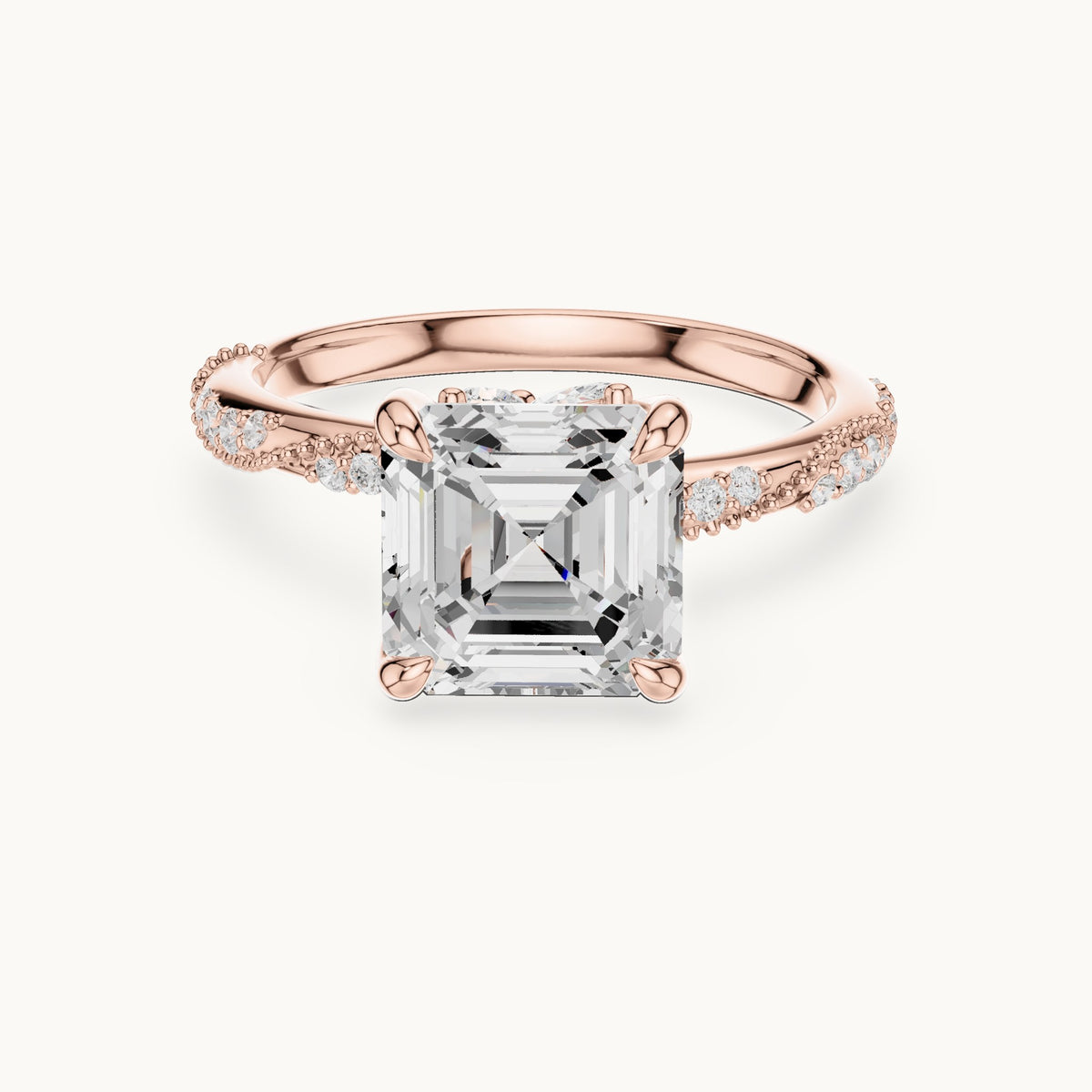 Square emerald-cut, round and marquise lab-grown diamond twisted pavé engagement ring with marquise accents in rose gold, 2.99 CT TW, view 4