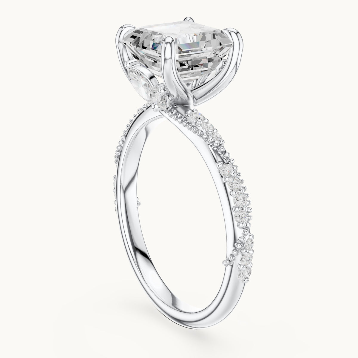 Square emerald-cut, round and marquise lab-grown diamond twisted pavé engagement ring with marquise accents in white gold, 2.99 CT TW, view 1