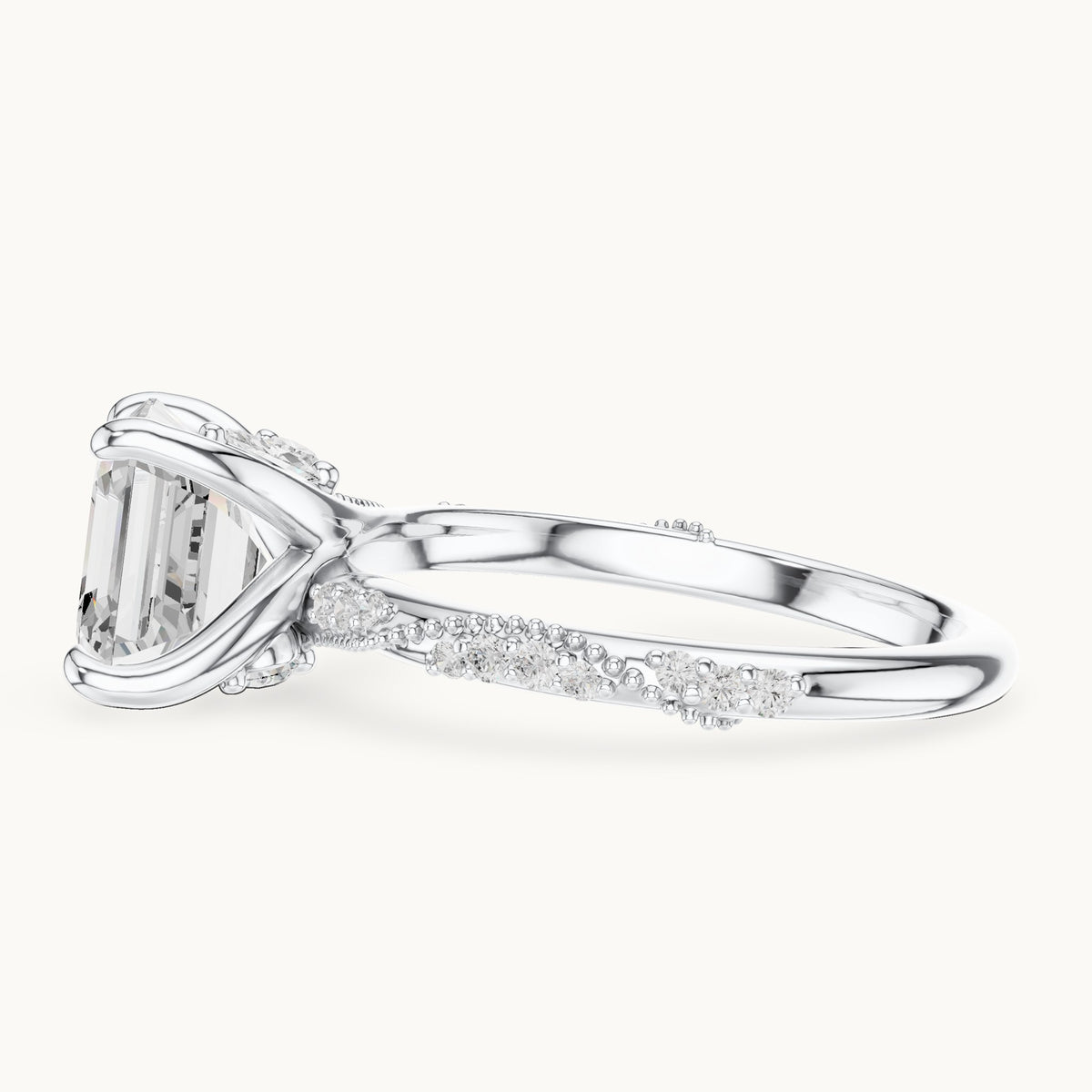 Square emerald-cut, round and marquise lab-grown diamond twisted pavé engagement ring with marquise accents in white gold, 2.99 CT TW, view 3