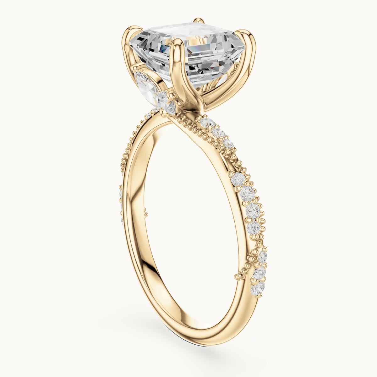 Square emerald-cut, round and marquise lab-grown diamond twisted pavé engagement ring with marquise accents in yellow gold, 2.99 CT TW, view 1