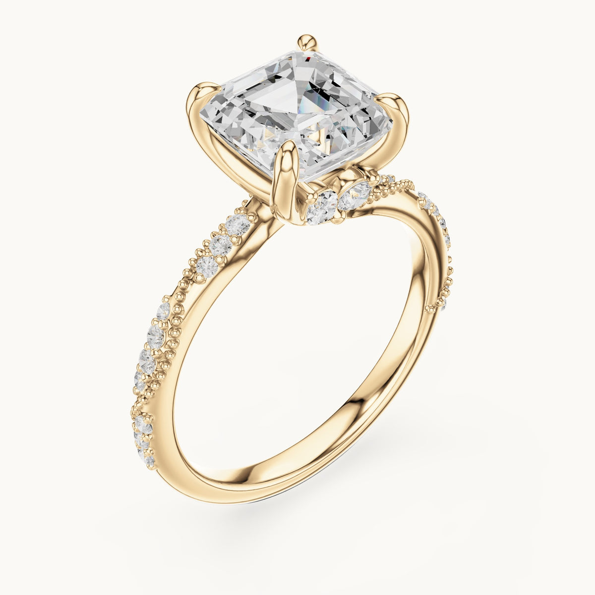 Square emerald-cut, round and marquise lab-grown diamond twisted pavé engagement ring with marquise accents in yellow gold, 2.99 CT TW, view 2