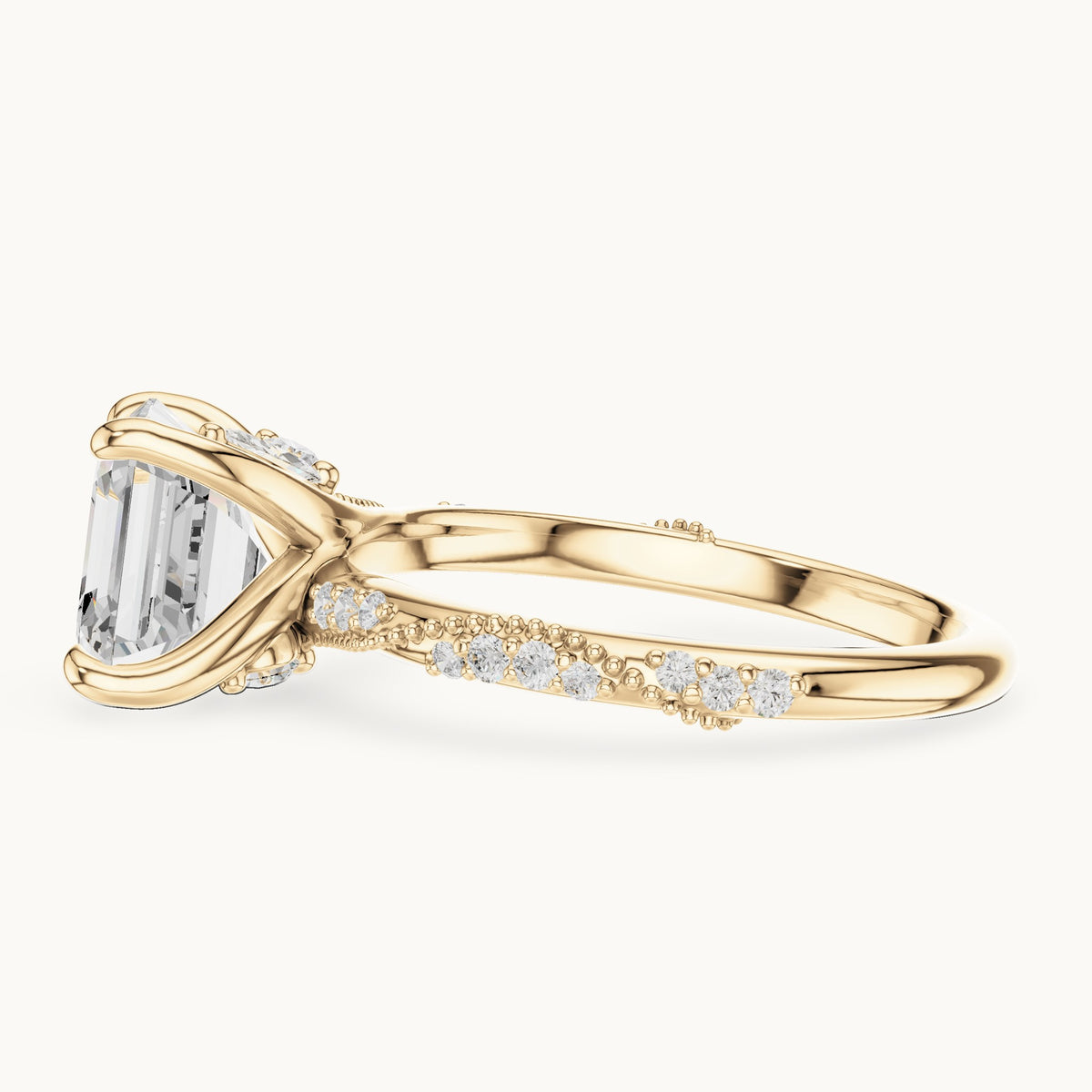 Square emerald-cut, round and marquise lab-grown diamond twisted pavé engagement ring with marquise accents in yellow gold, 2.99 CT TW, view 3