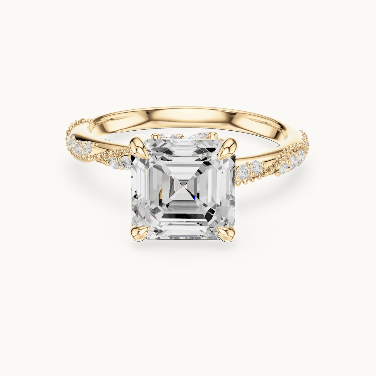 Square emerald-cut, round and marquise lab-grown diamond twisted pavé engagement ring with marquise accents in yellow gold, 2.99 CT TW, view 4