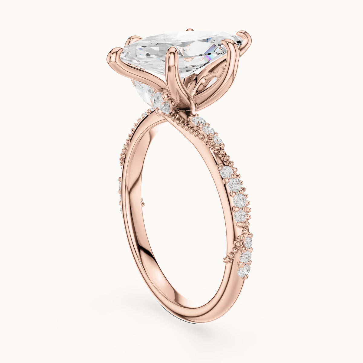 Marquise and round lab-grown diamond twisted pavé engagement ring with marquise accents in rose gold, 2.53 CT TW, view 1