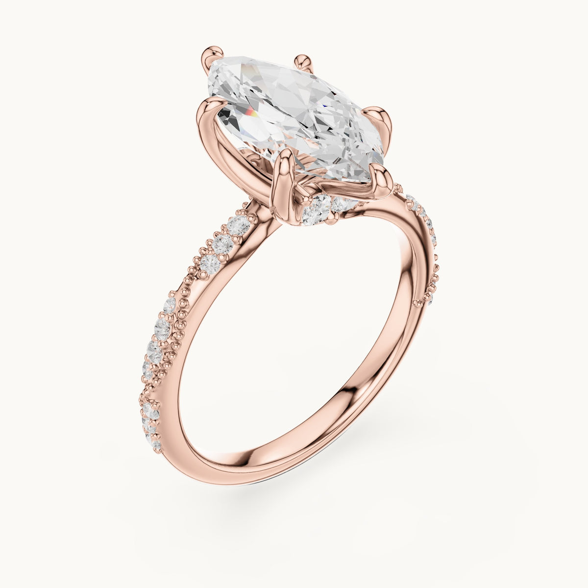 Marquise and round lab-grown diamond twisted pavé engagement ring with marquise accents in rose gold, 2.53 CT TW, view 2