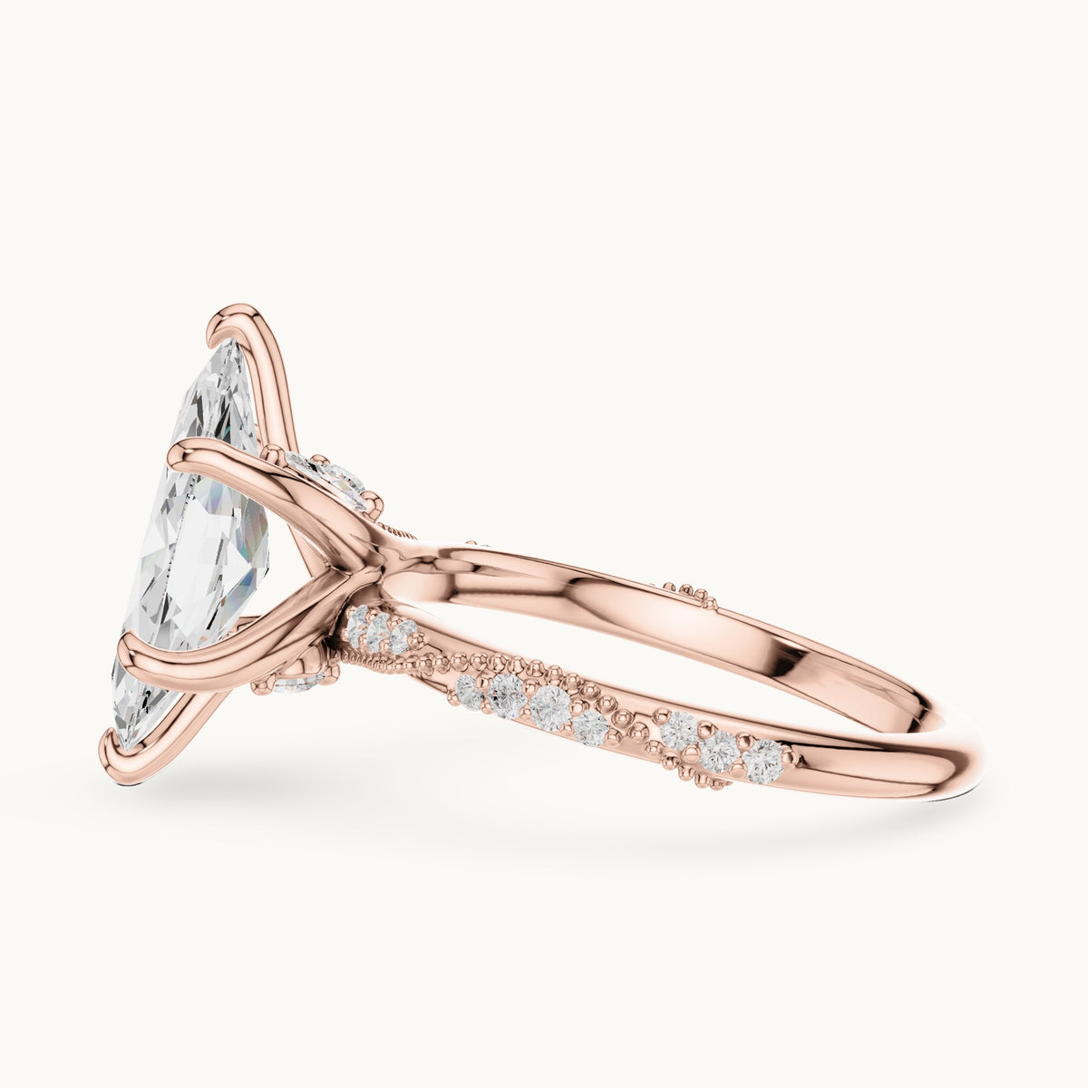 Marquise and round lab-grown diamond twisted pavé engagement ring with marquise accents in rose gold, 2.53 CT TW, view 3