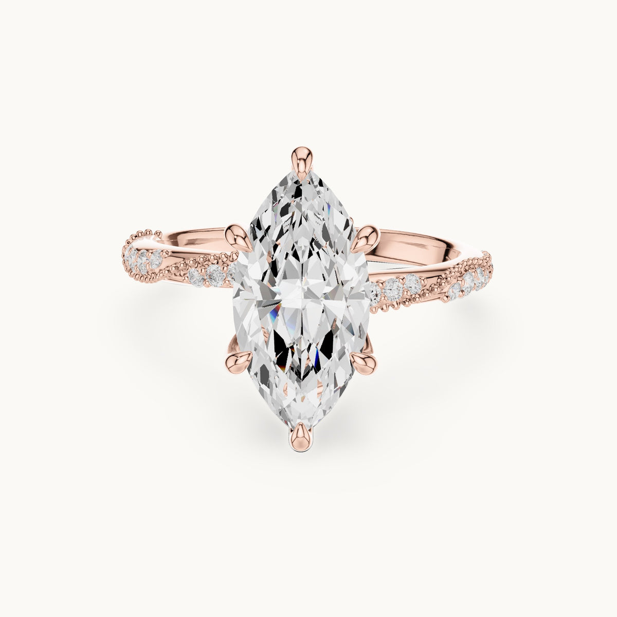 Marquise and round lab-grown diamond twisted pavé engagement ring with marquise accents in rose gold, 2.53 CT TW, view 4