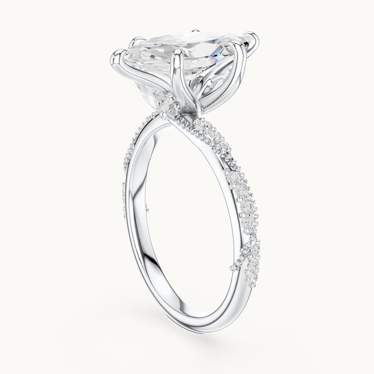 Marquise and round lab-grown diamond twisted pavé engagement ring with marquise accents in white gold, 2.53 CT TW, view 1