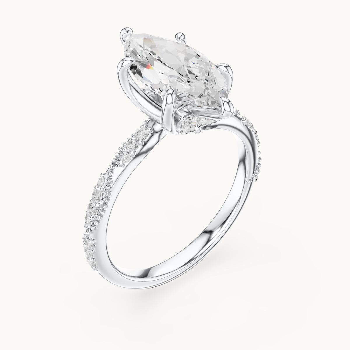 Marquise and round lab-grown diamond twisted pavé engagement ring with marquise accents in white gold, 2.53 CT TW, view 2