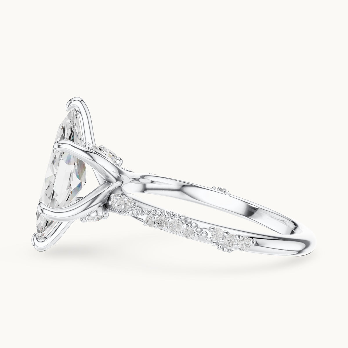 Marquise and round lab-grown diamond twisted pavé engagement ring with marquise accents in white gold, 2.53 CT TW, view 3