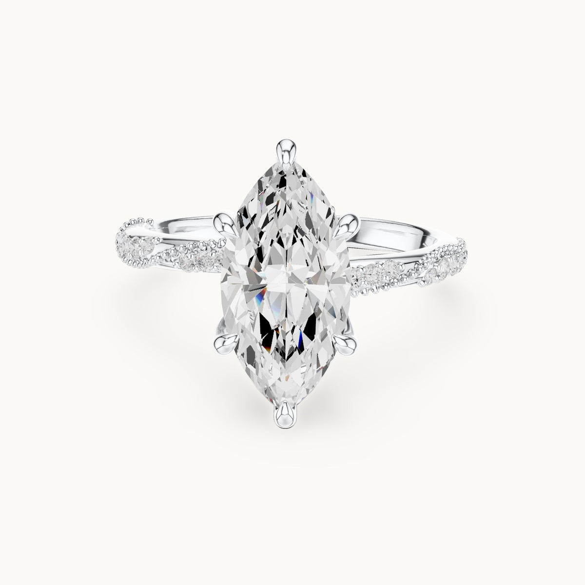 Marquise and round lab-grown diamond twisted pavé engagement ring with marquise accents in white gold, 2.53 CT TW, view 4