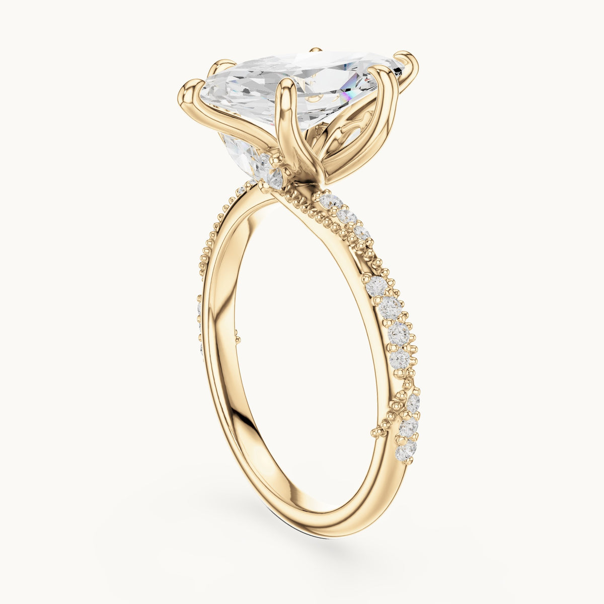 Marquise and round lab-grown diamond twisted pavé engagement ring with marquise accents in yellow gold, 2.53 CT TW, view 1