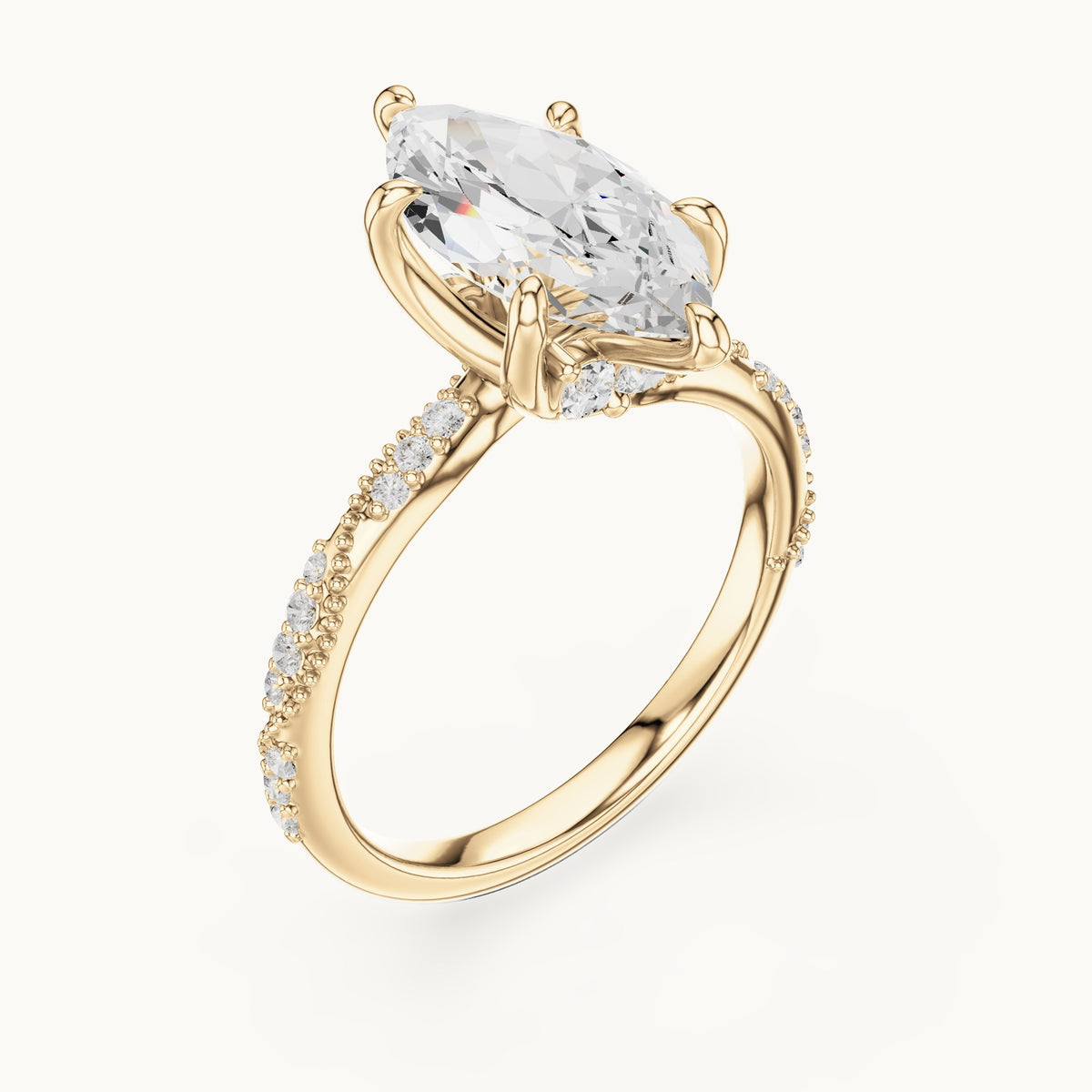 Marquise and round lab-grown diamond twisted pavé engagement ring with marquise accents in yellow gold, 2.53 CT TW, view 2