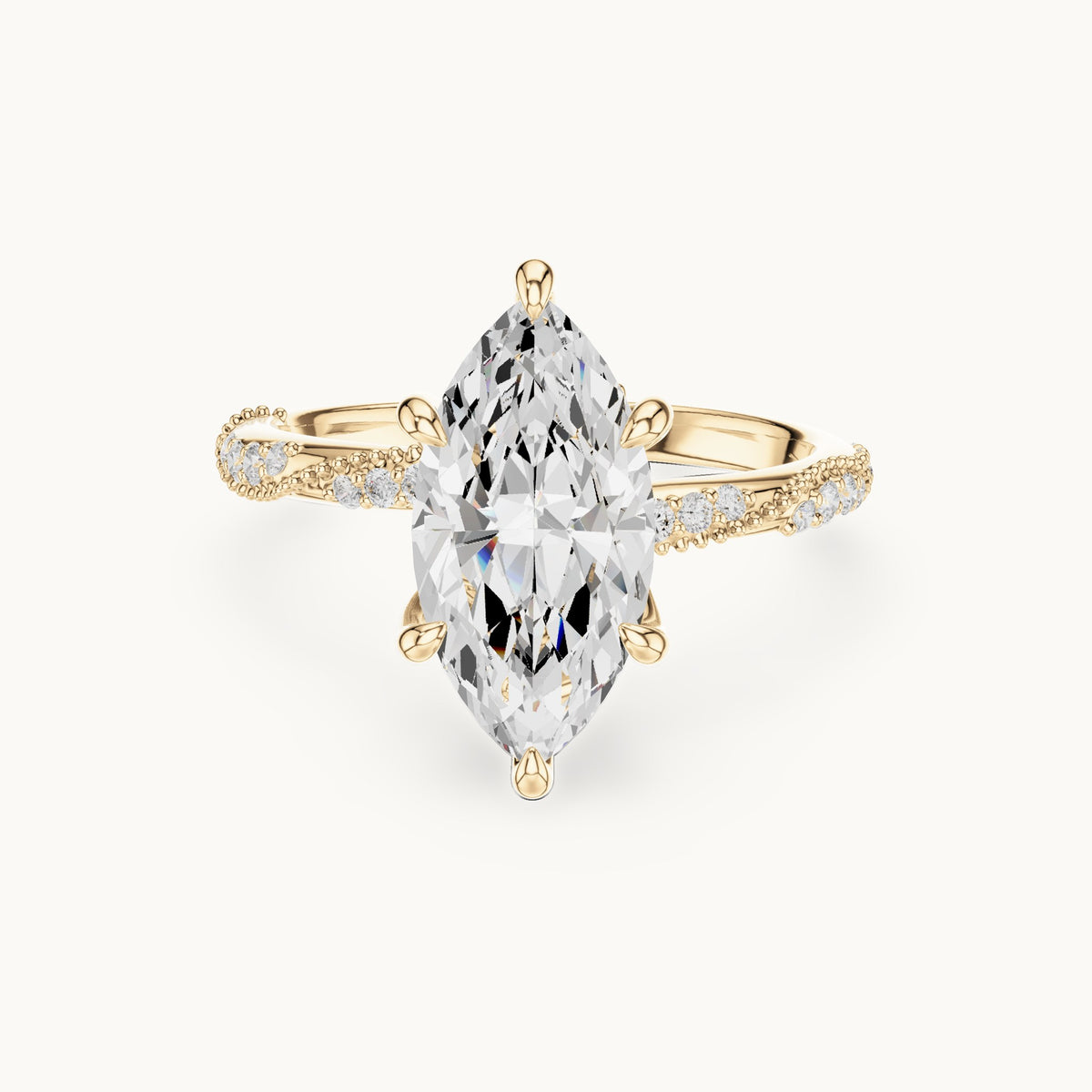 Marquise and round lab-grown diamond twisted pavé engagement ring with marquise accents in yellow gold, 2.53 CT TW, view 4