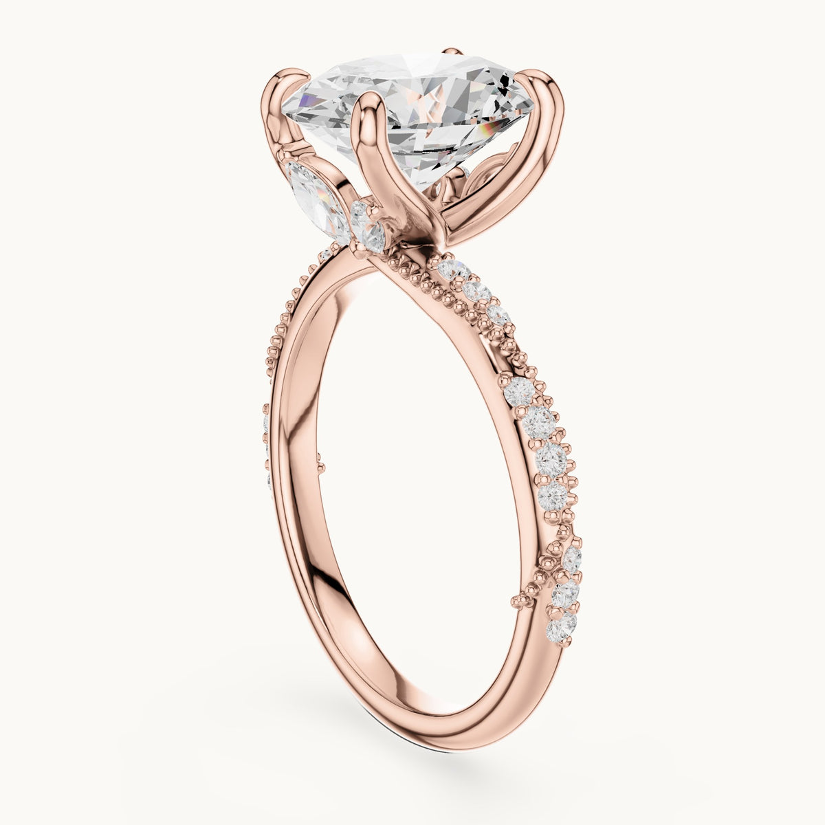 Oval, round and marquise lab-grown diamond twisted pavé engagement ring with marquise accents in rose gold, 2.75 CT TW, view 1