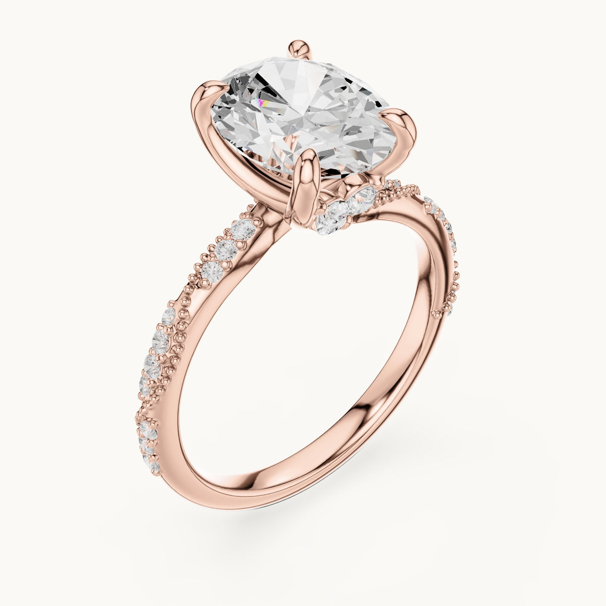 Oval, round and marquise lab-grown diamond twisted pavé engagement ring with marquise accents in rose gold, 2.75 CT TW, view 2