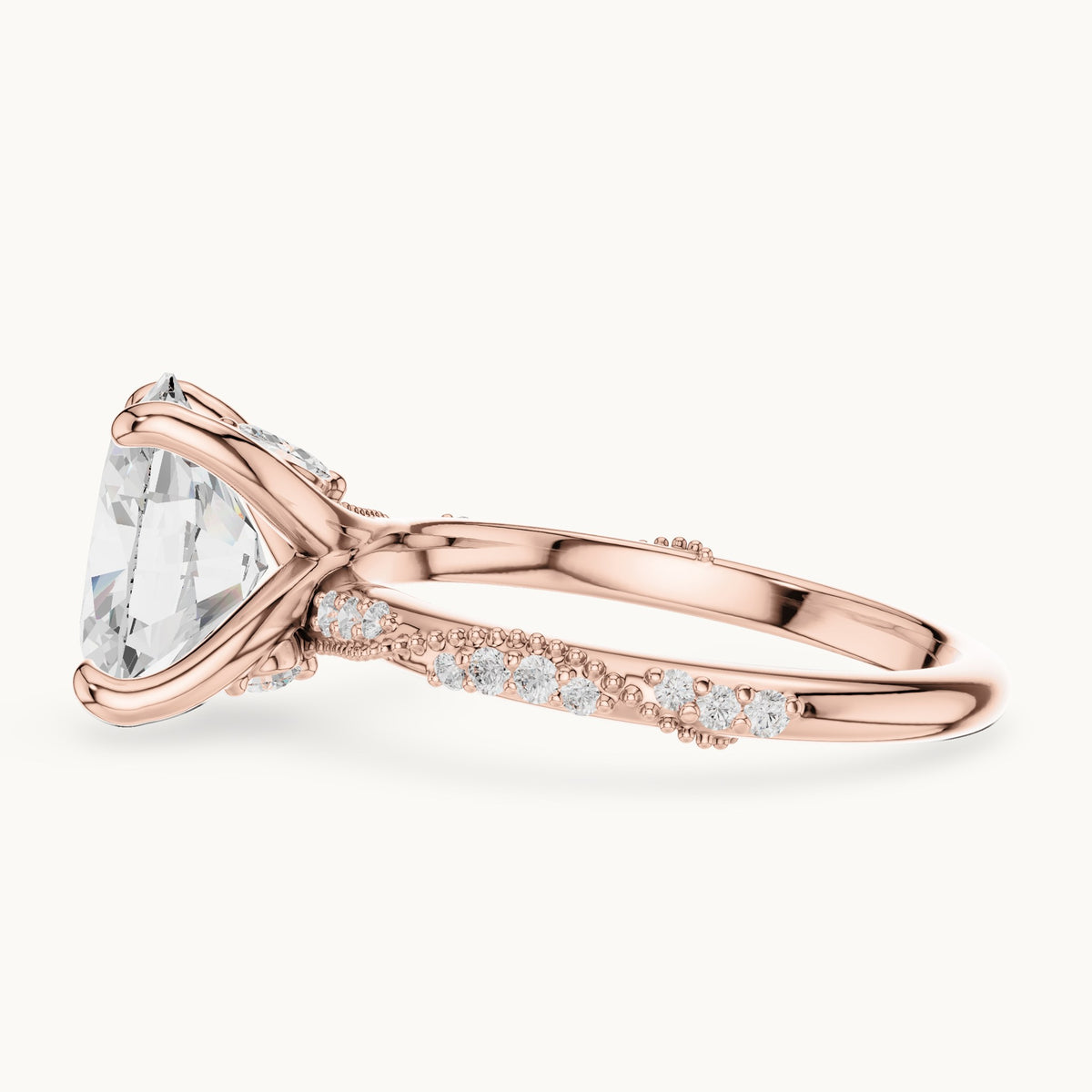 Oval, round and marquise lab-grown diamond twisted pavé engagement ring with marquise accents in rose gold, 2.75 CT TW, view 3