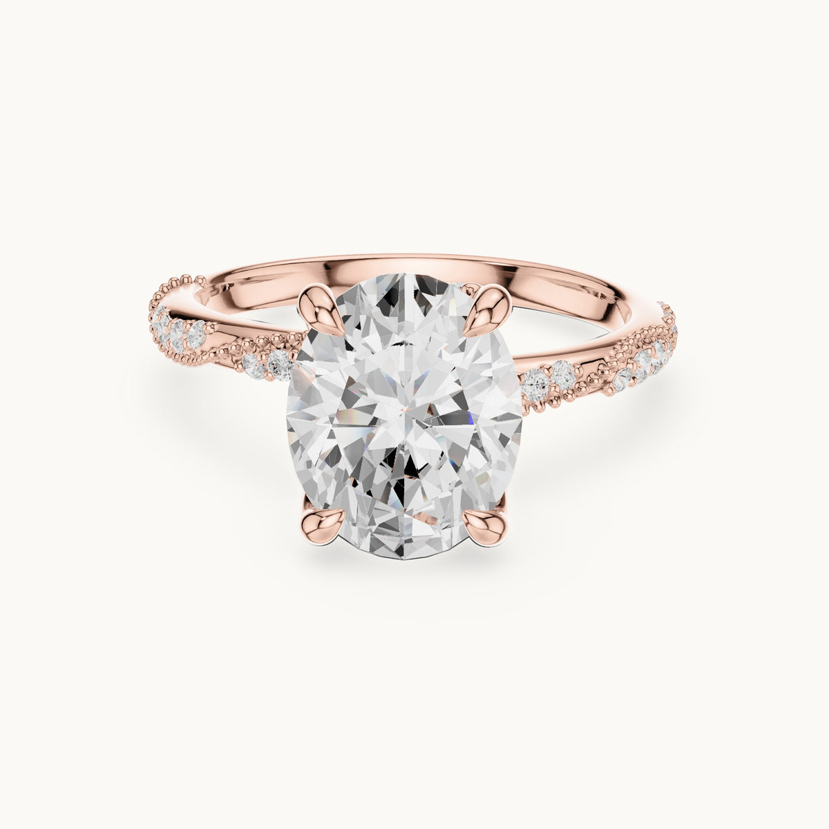 Oval, round and marquise lab-grown diamond twisted pavé engagement ring with marquise accents in rose gold, 2.75 CT TW, view 4