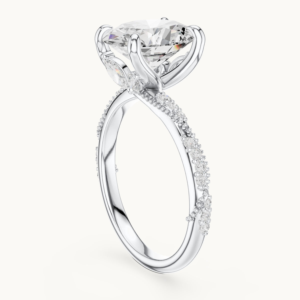 Oval, round and marquise lab-grown diamond twisted pavé engagement ring with marquise accents in white gold, 2.75 CT TW, view 1