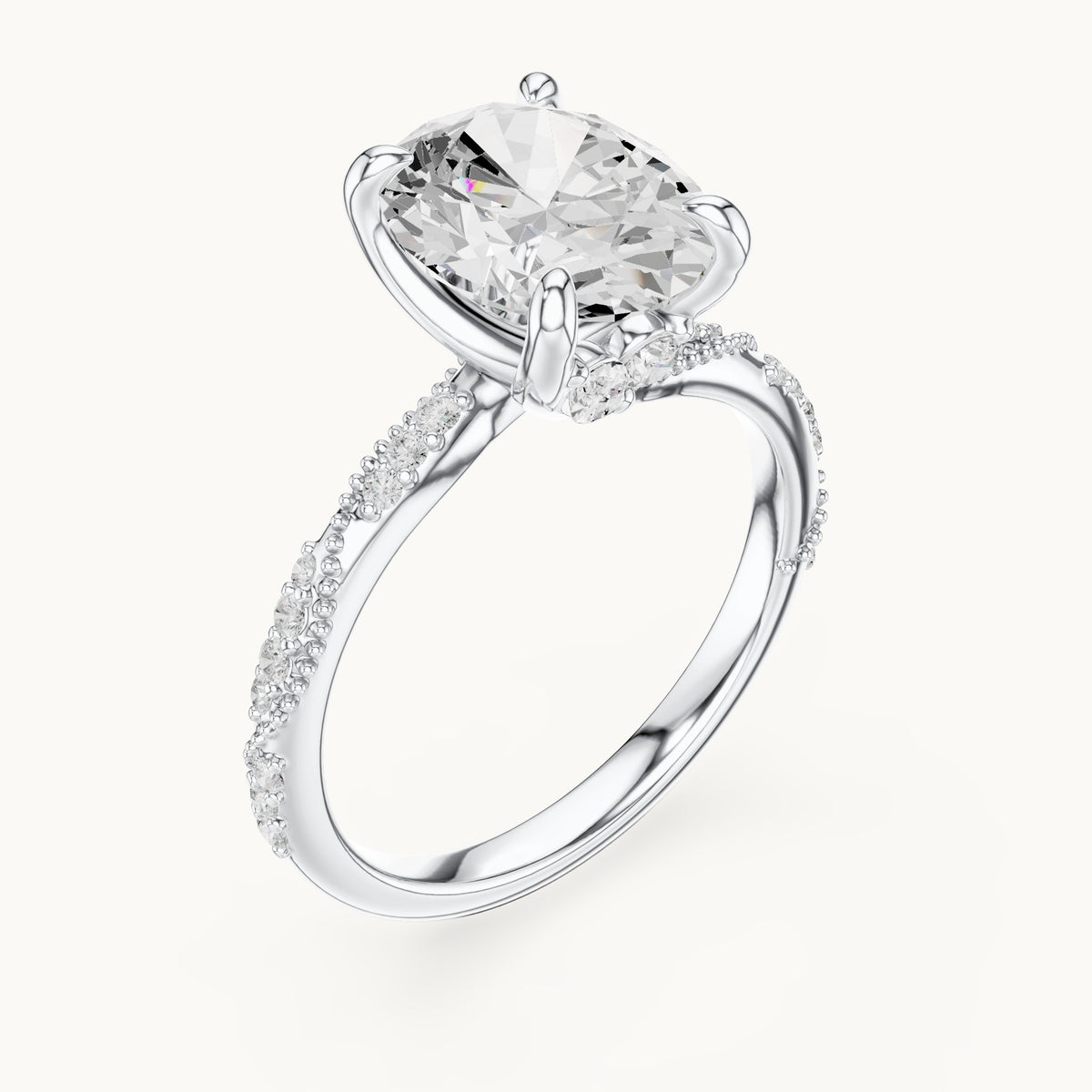 Oval, round and marquise lab-grown diamond twisted pavé engagement ring with marquise accents in white gold, 2.75 CT TW, view 2