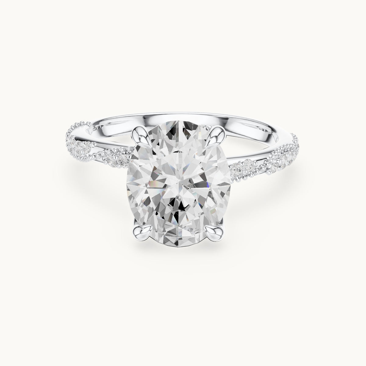 Oval, round and marquise lab-grown diamond twisted pavé engagement ring with marquise accents in white gold, 2.75 CT TW, view 4