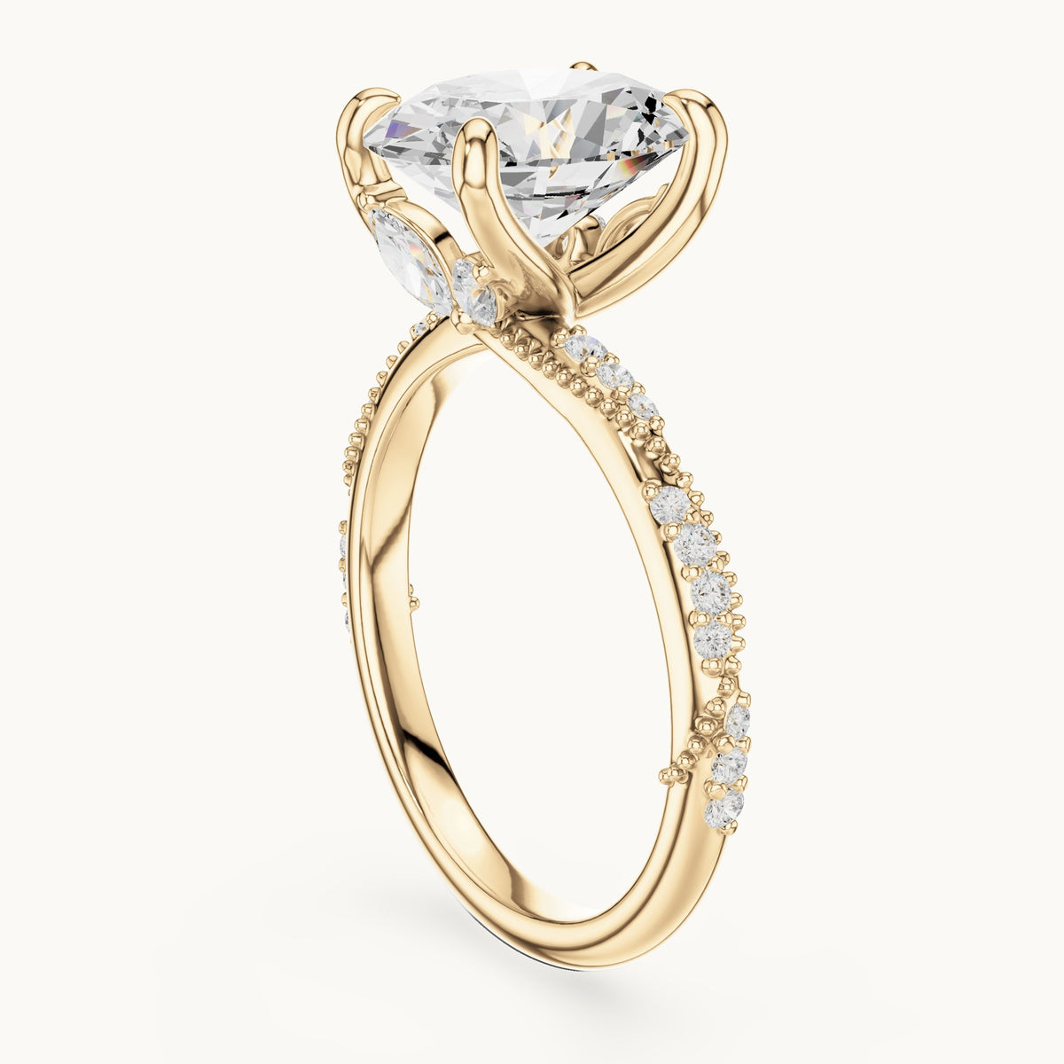 Oval, round and marquise lab-grown diamond twisted pavé engagement ring with marquise accents in yellow gold, 2.75 CT TW, view 1