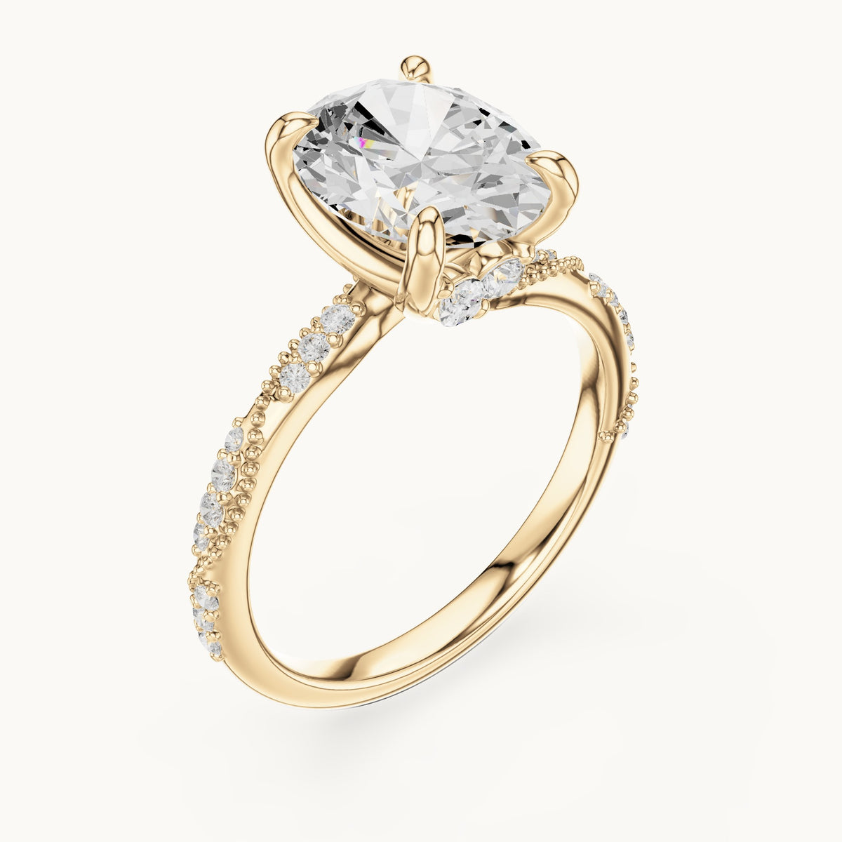 Oval, round and marquise lab-grown diamond twisted pavé engagement ring with marquise accents in yellow gold, 2.75 CT TW, view 2
