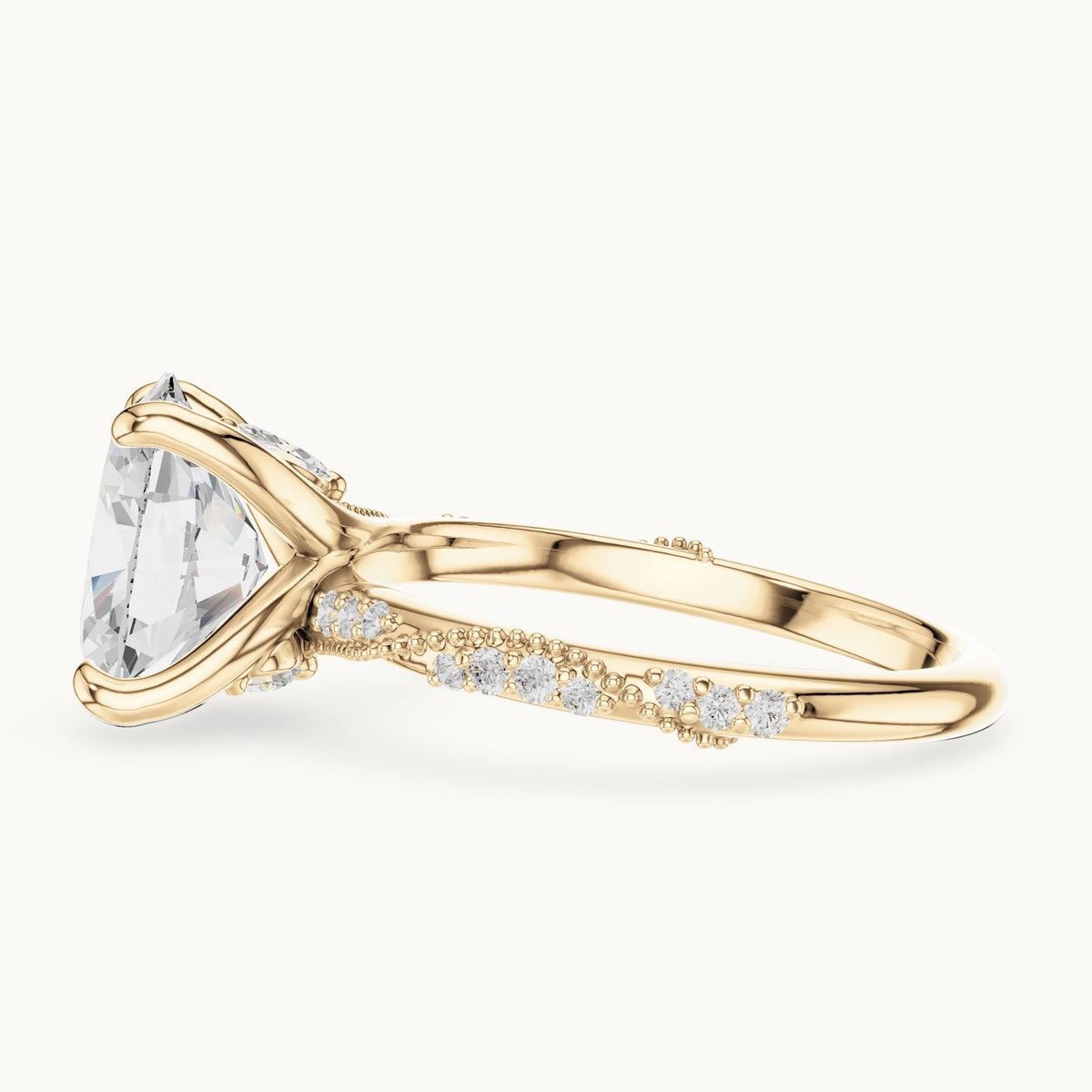 Oval, round and marquise lab-grown diamond twisted pavé engagement ring with marquise accents in yellow gold, 2.75 CT TW, view 3