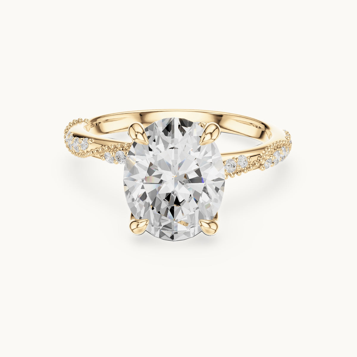 Oval, round and marquise lab-grown diamond twisted pavé engagement ring with marquise accents in yellow gold, 2.75 CT TW, view 4