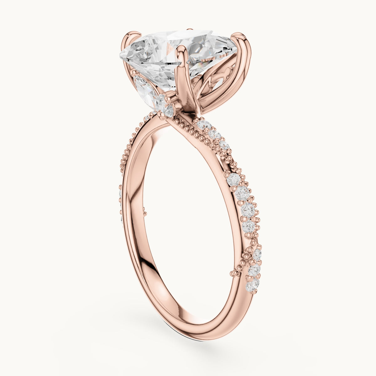 Pear, round and marquise lab-grown diamond twisted pavé engagement ring with marquise accents in rose gold, 2.71 CT TW, view 1