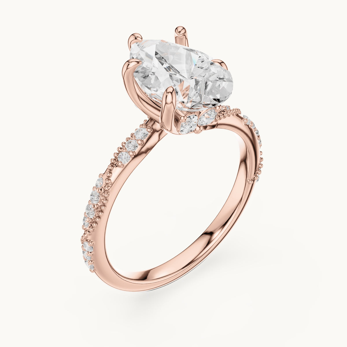 Pear, round and marquise lab-grown diamond twisted pavé engagement ring with marquise accents in rose gold, 2.71 CT TW, view 2