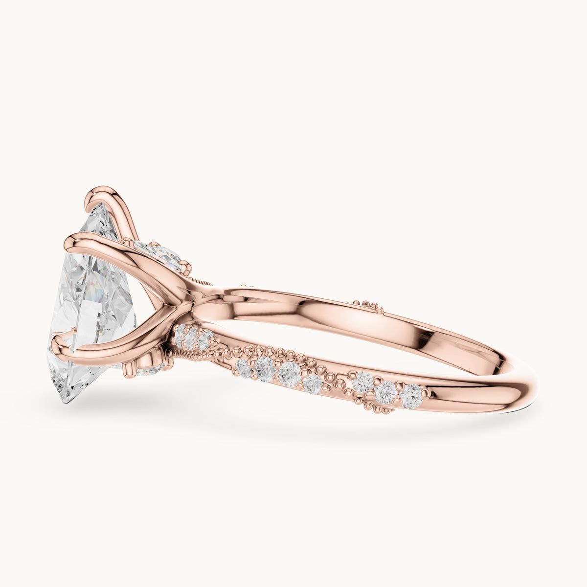 Pear, round and marquise lab-grown diamond twisted pavé engagement ring with marquise accents in rose gold, 2.71 CT TW, view 3