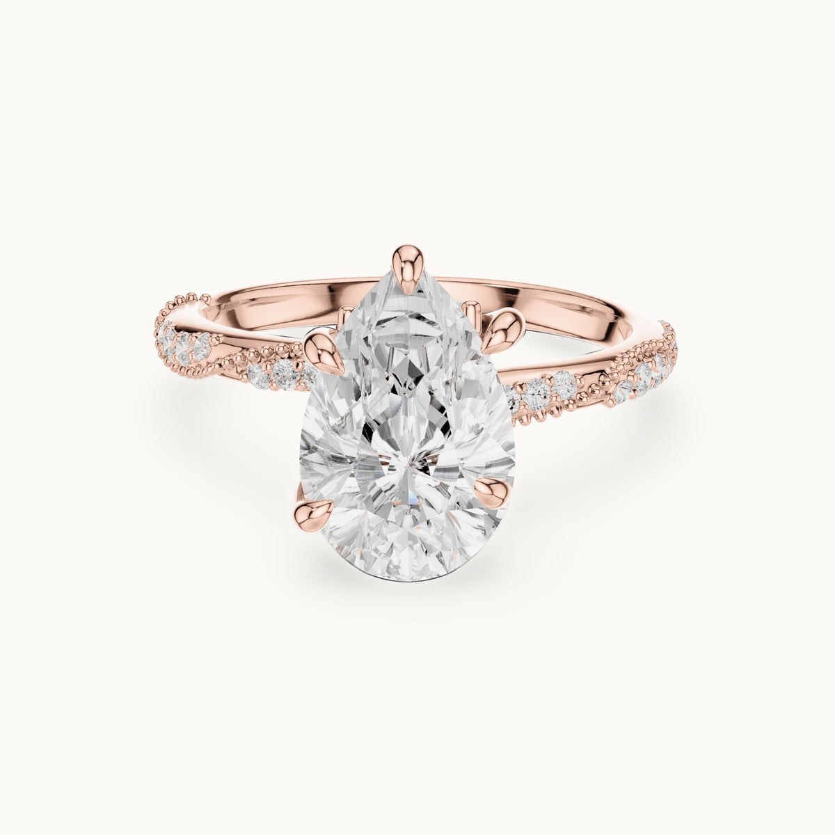 Pear, round and marquise lab-grown diamond twisted pavé engagement ring with marquise accents in rose gold, 2.71 CT TW, view 4