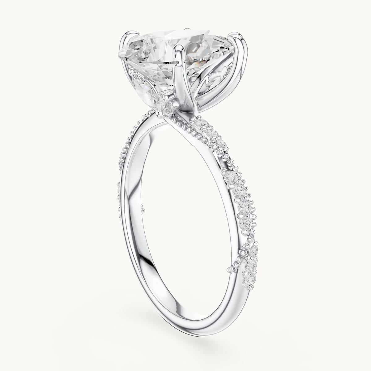 Pear, round and marquise lab-grown diamond twisted pavé engagement ring with marquise accents in white gold, 2.71 CT TW, view 1