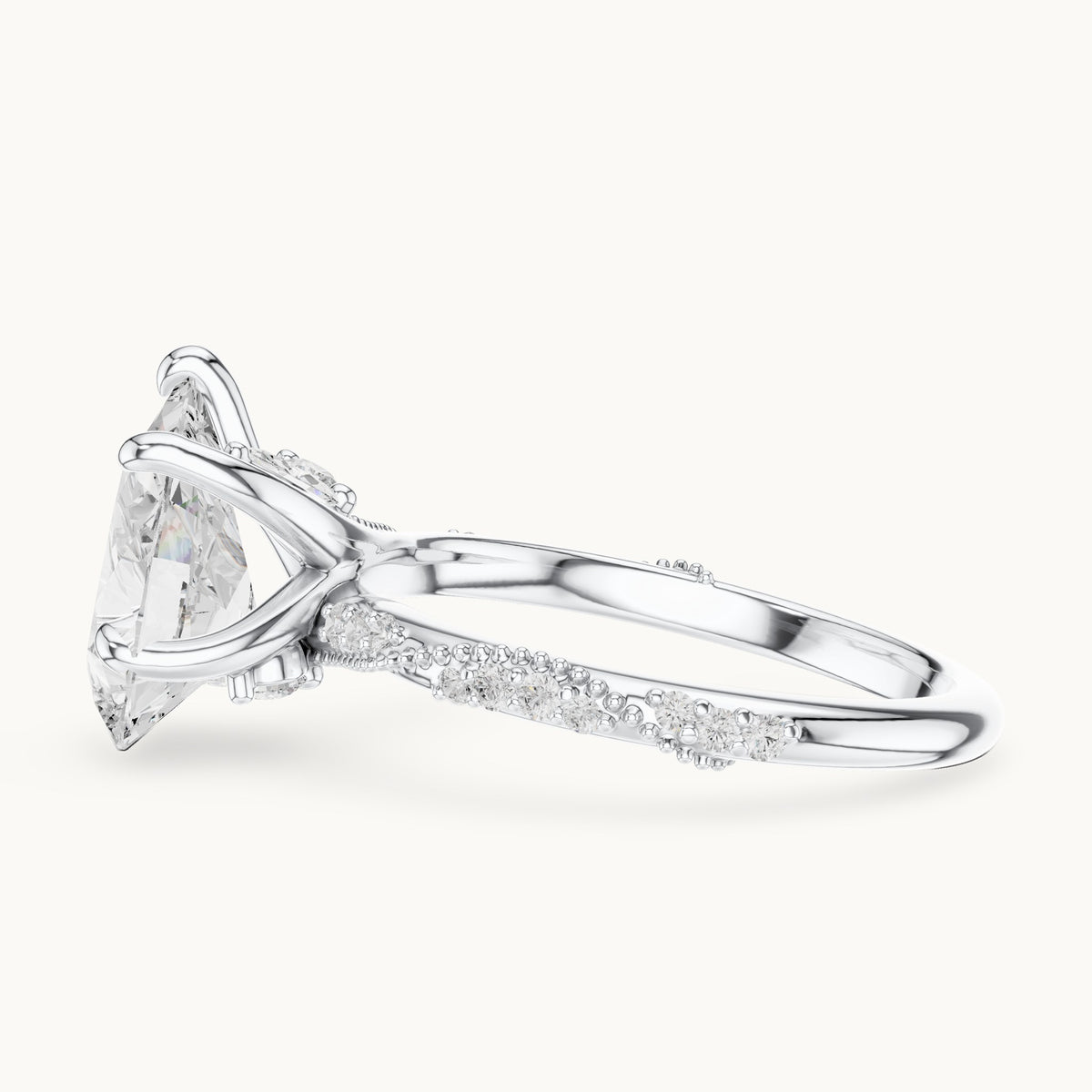 Pear, round and marquise lab-grown diamond twisted pavé engagement ring with marquise accents in white gold, 2.71 CT TW, view 3