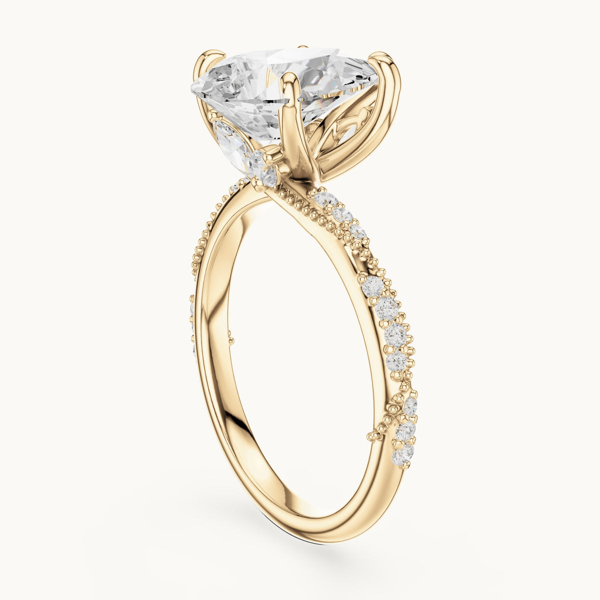 Pear, round and marquise lab-grown diamond twisted pavé engagement ring with marquise accents in yellow gold, 2.71 CT TW, view 1