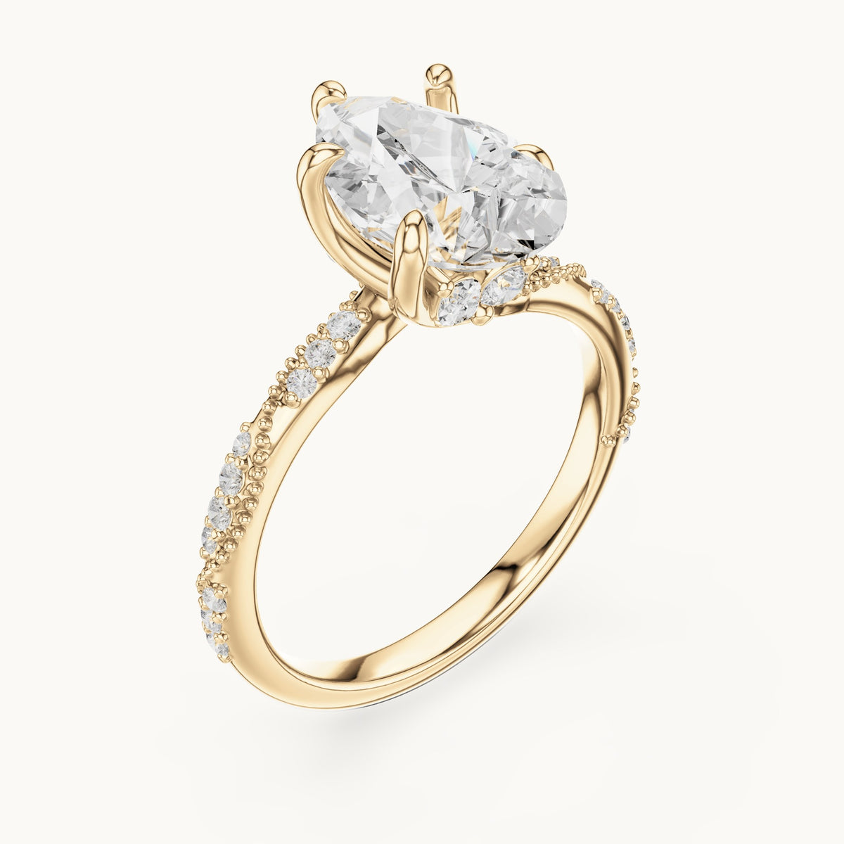 Pear, round and marquise lab-grown diamond twisted pavé engagement ring with marquise accents in yellow gold, 2.71 CT TW, view 2