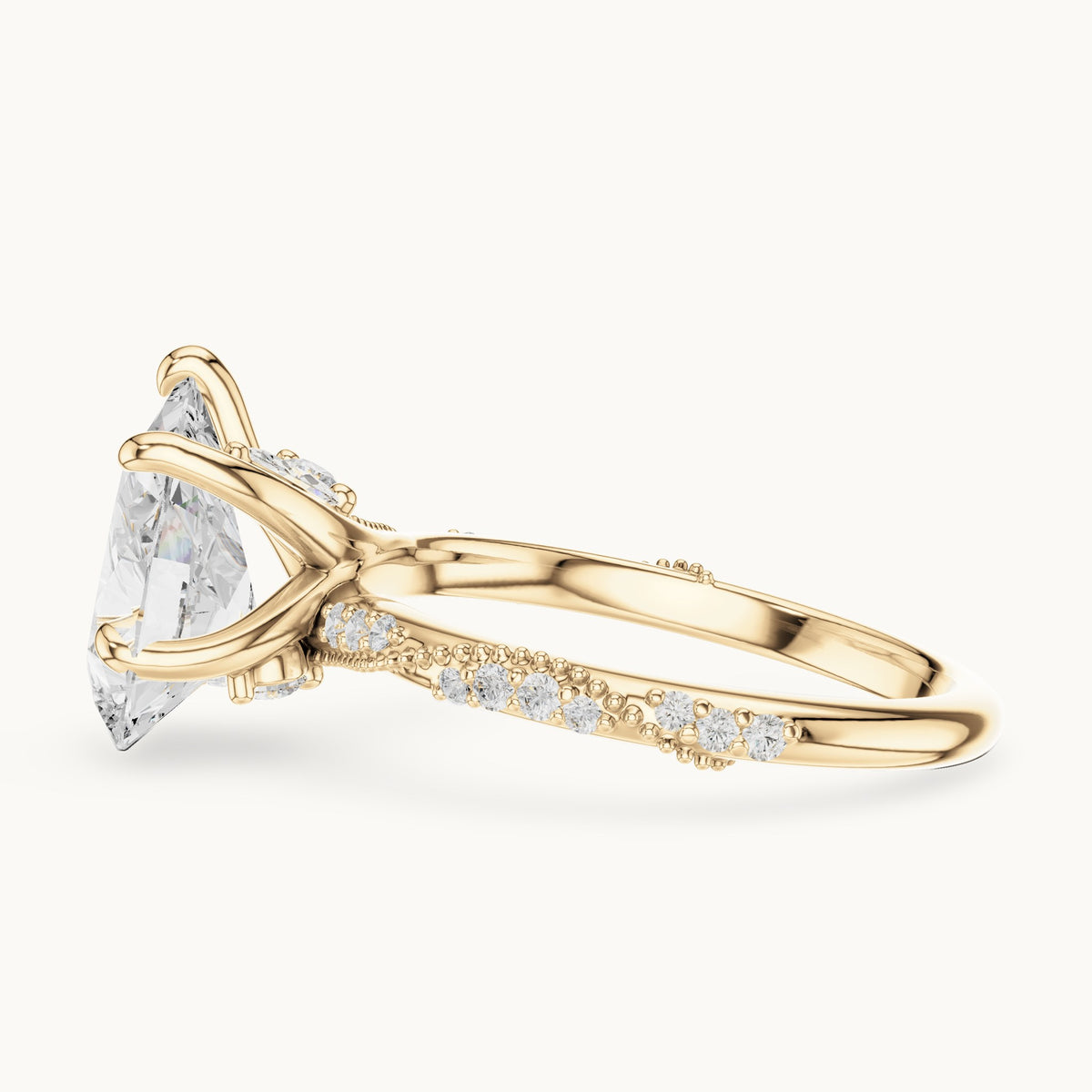 Pear, round and marquise lab-grown diamond twisted pavé engagement ring with marquise accents in yellow gold, 2.71 CT TW, view 3