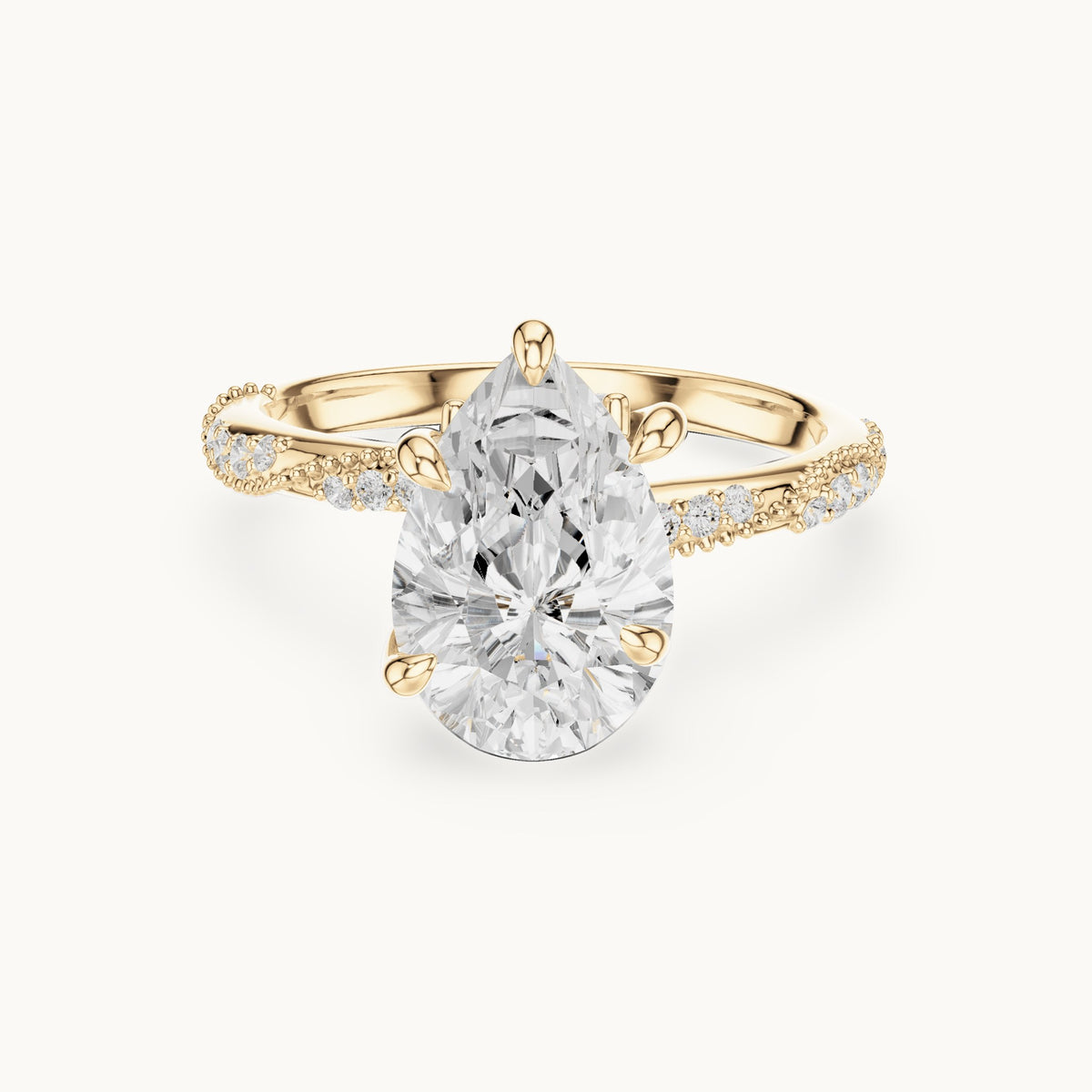 Pear, round and marquise lab-grown diamond twisted pavé engagement ring with marquise accents in yellow gold, 2.71 CT TW, view 4