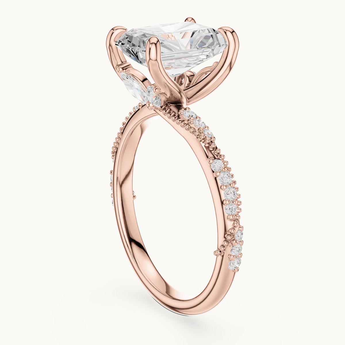 Radiant-cut, round and marquise lab-grown diamond twisted pavé engagement ring with marquise accents in rose gold, 3.36 CT TW, view 1