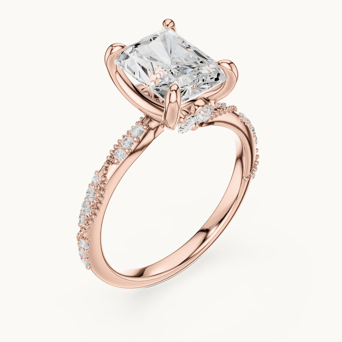 Radiant-cut, round and marquise lab-grown diamond twisted pavé engagement ring with marquise accents in rose gold, 3.36 CT TW, view 2