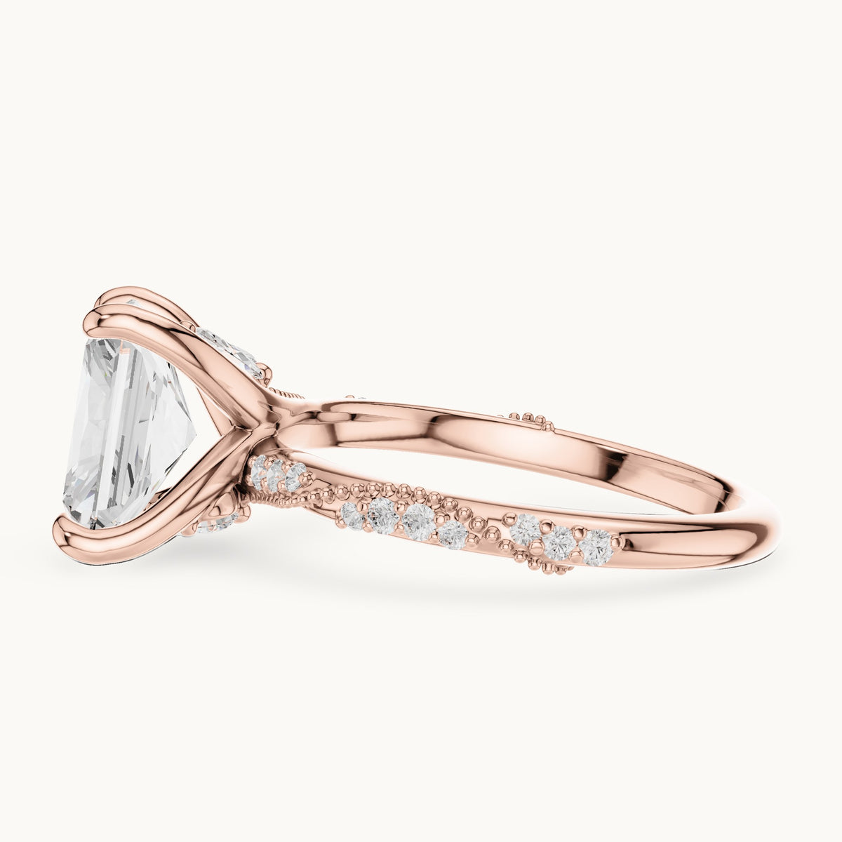 Radiant-cut, round and marquise lab-grown diamond twisted pavé engagement ring with marquise accents in rose gold, 3.36 CT TW, view 3